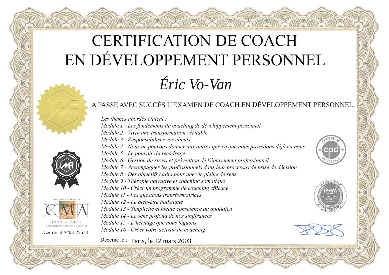 Certification de Coach en Développement Personnel — Éric Vo-Van, certif. N°03-25678