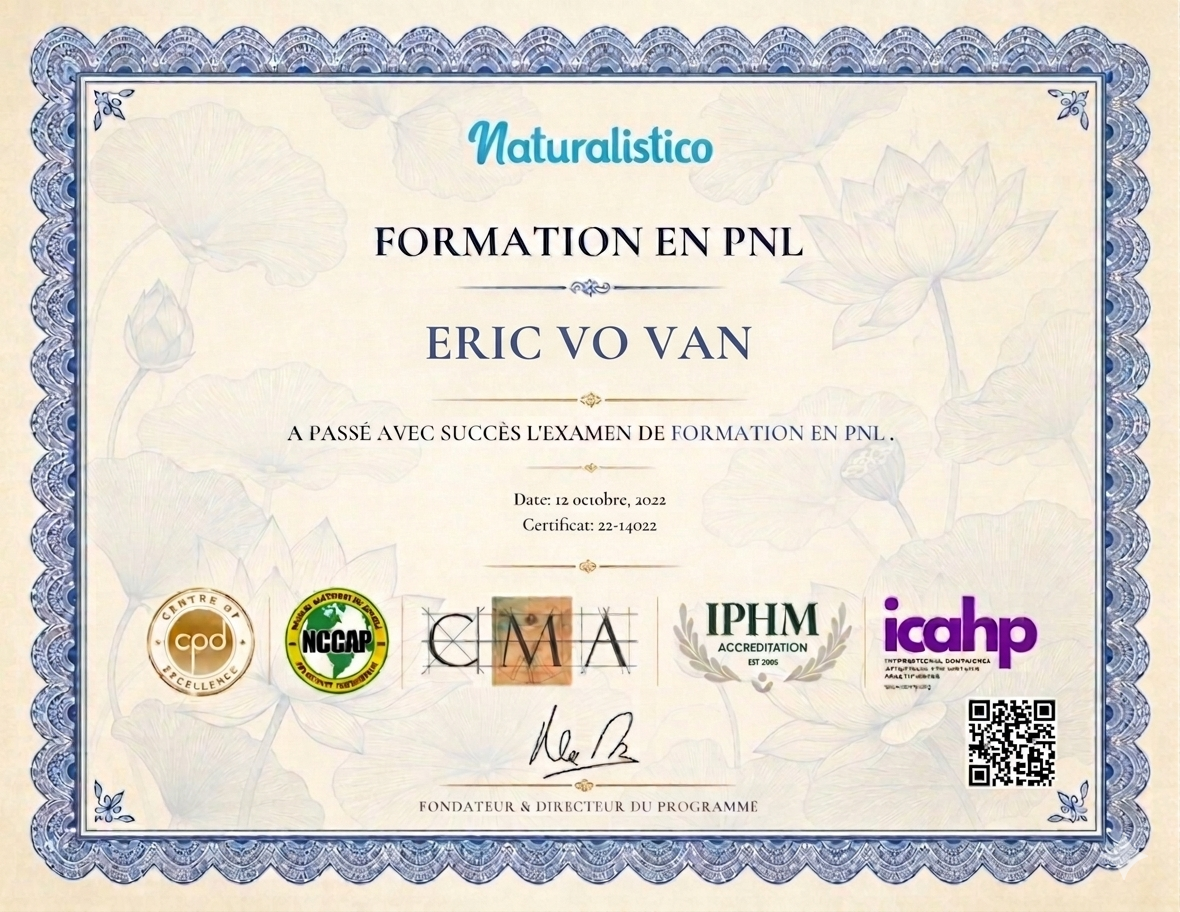 Certificat Formation en PNL — Naturalistico, Éric Vo-Van, certif. 22-14022