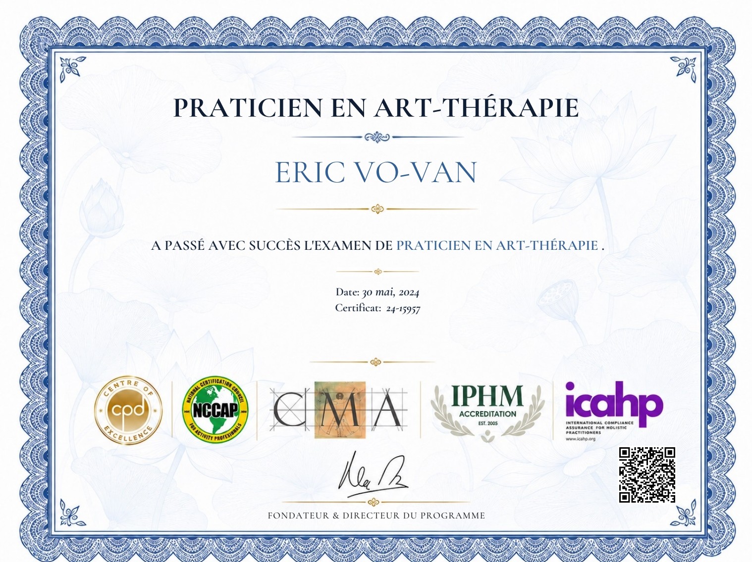 Diplôme Praticien en Art-Thérapie — Éric Vo-Van, certif. 24-15957